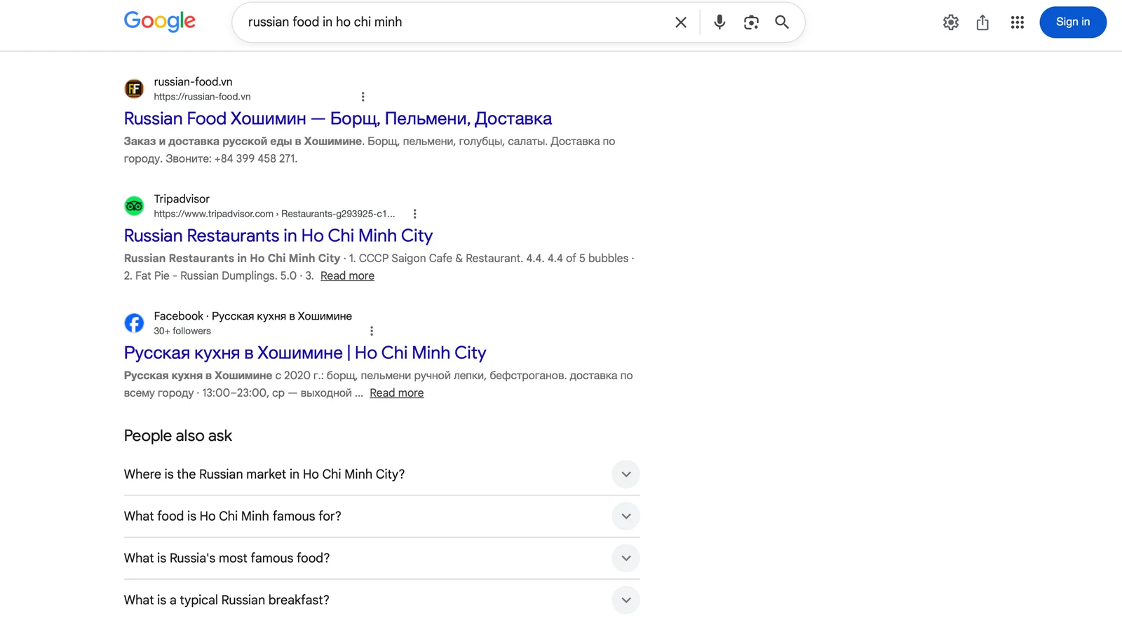 Google: первое место по запросу russian food in ho chi minh